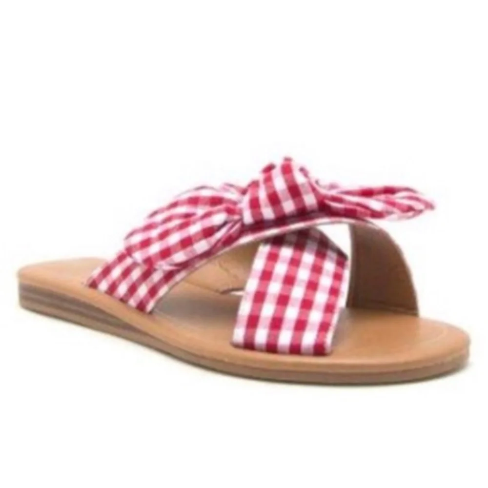 Boho Red Plaid Bow Slip on Sandals - Picture 2 of 2